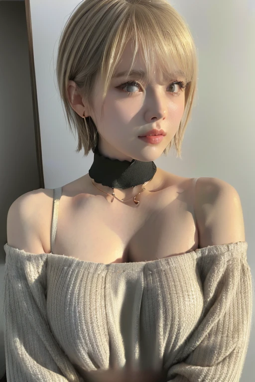 (Highest quality、4K、8k、High resolution、masterpiece:1.2)、Very detailed、(Genuine、Realistic、Realistic:1.3)、blonde、Pixie Cut、Grey sweater、Black choker、Full body photo