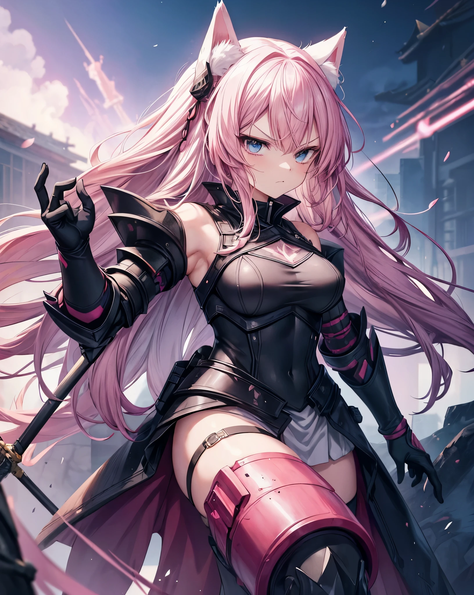 Anime style war, serious style, 1nekogirl, pink_and_white_cat_ears, fox tail, limited palette, long Straight pink hair, detailed anime blue eyes. She is angry. She is a Mercenary with scars on face, Outdoor scenery. Point a sword upwards. Behind them there is an army. War is coming. She wear a black intricate light war armour. She has bare shoulders. They will fight on the Winter Forest. Light Black Dragon armour, Pink details. Fight pose. Shes in berserk mode. furious attack with the sword