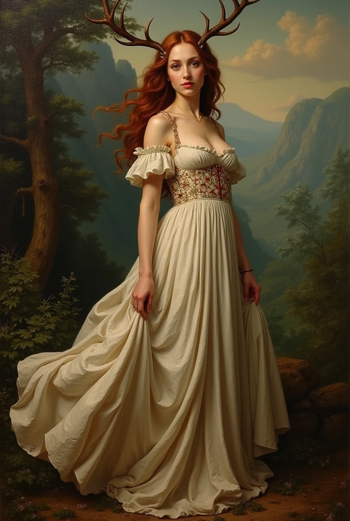 Renaissance painting, Woman in a dress, antlers, Caucasian skin, russet hair, eyes black, 