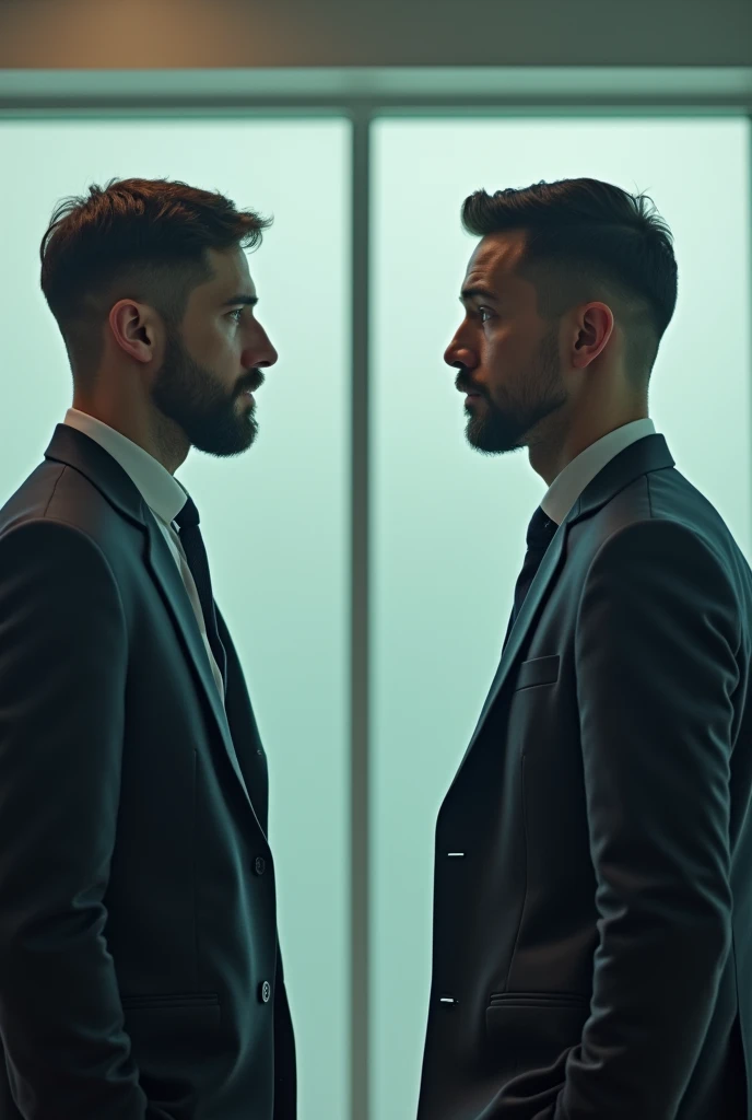 Two guy There's a glass partition between each other ,
