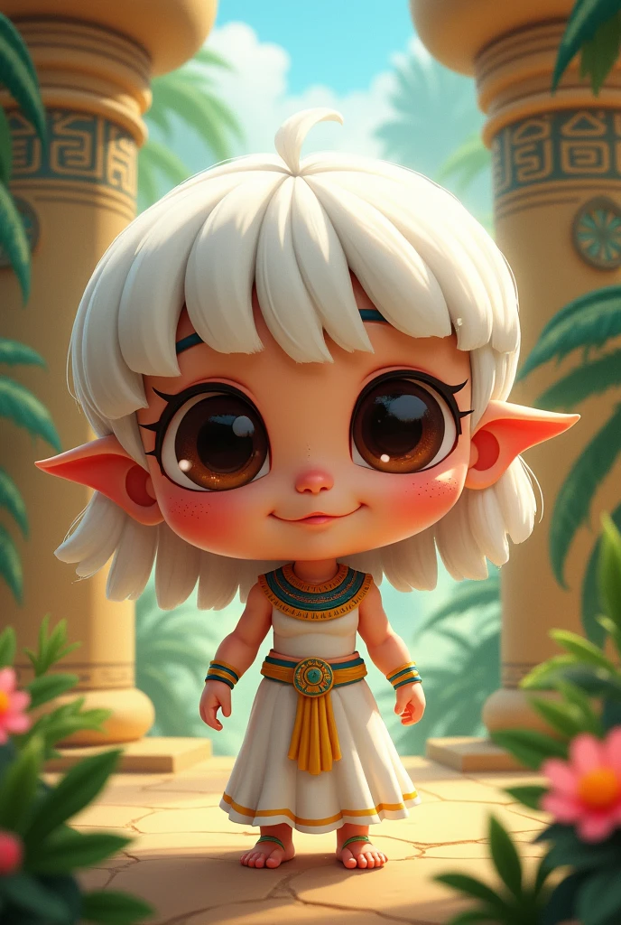 Egyptian cartoon white hair dark brown eyes