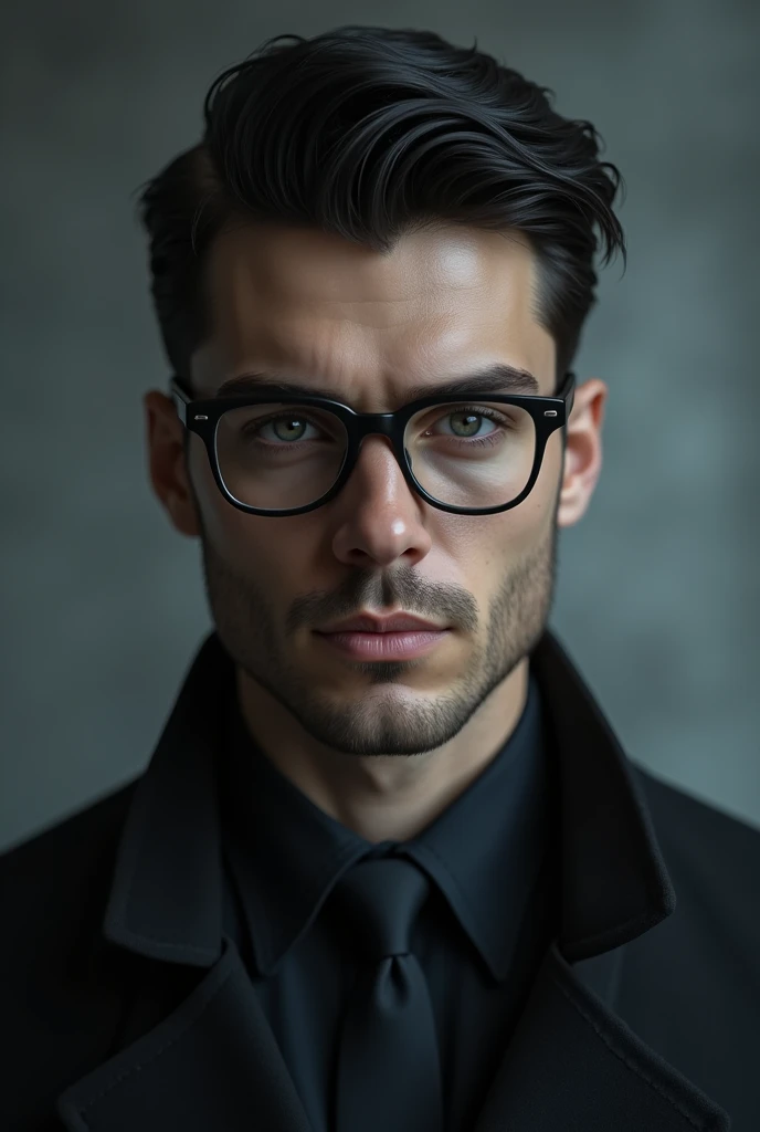 athletic man,grey eyes, wearing glasses black hair formal, high,mysterious and grey aura,handsome and intelligent 