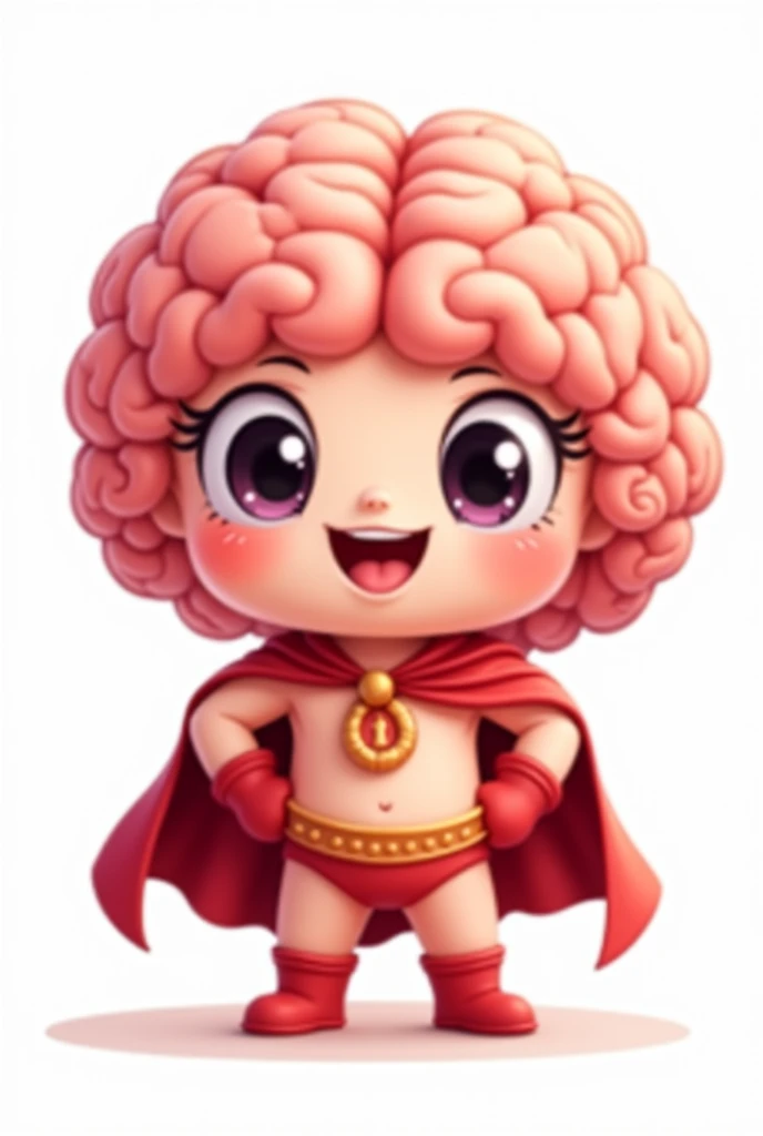 A vector image of a cute brain character with large, expressive eyes, small arms, and legs. The brain is dressed as a superhero, wearing a bright red costume with a matching cape that flows behind it. The character stands confidently in a heroic pose, with a friendly smile on its face. The background is plain white to ensure the focus remains entirely on the brain character. The overall style should be adorable and cartoonish, with smooth lines and vibrant colors, making the brain appear both heroic and endearing.
