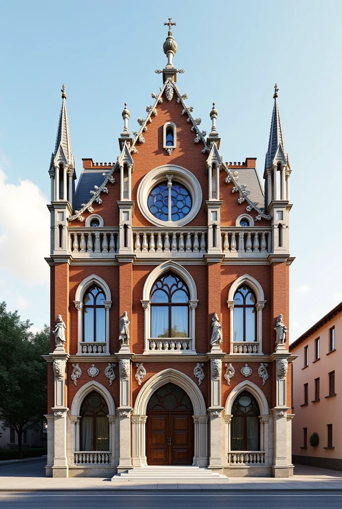 generate image plans of this fictitious structure and interior based on the following information Sure! We are going to design a proposal for a museum that combines neo-Gothic and neo-Renaissance styles in an eclectic structure.. Here I present a proposal with a balanced approach to integrate both styles into a coherent and visually impressive building.:
### **Proposal for a Museum with Neo-Gothic and Neo-Renaissance Styles**
---
#### **Location and Context**
The museum will be located in a historic urban area with a mix of traditional and modern buildings.. The proposal seeks to enrich the urban landscape with a fusion of architectural styles, preserving history while offering a new cultural experience.
---
#### **Main Facade**
**General Design:**
- The main facade is structured in two main sections: the neo-Gothic base and the upper neo-Renaissance body.
**Neogothic Section (base):**
- **Materials:** Dark brick, limestone and wrought iron details.
- **Characteristics:** Pointed arches, windows with colorful stained glass, and gothic style towers. The lower facades feature a series of columns with decorated capitals and relief details., depicting gothic motifs such as acanthus leaves and mythological figures.
- **Main Entrance:** The entrance is highlighted by a large pointed arch framed by stone sculptures and a carved wooden door with intricate details..
**Neo-Renaissance Section (Upper body):**
- **Materials:** White stone or marble and decorative stuccos.
- **Characteristics:** Rounded arched windows, ornate cornices, and pilasters with Corinthian capitals. The use of symmetry and classical proportions is prominent in this section., with details in frescoes and moldings.
- **ceiling:** An elegant gable roof with soft-coloured ceramic tiles, with a decorated cornice-type finial and a dome in the center with a lantern.
---
#### **Not