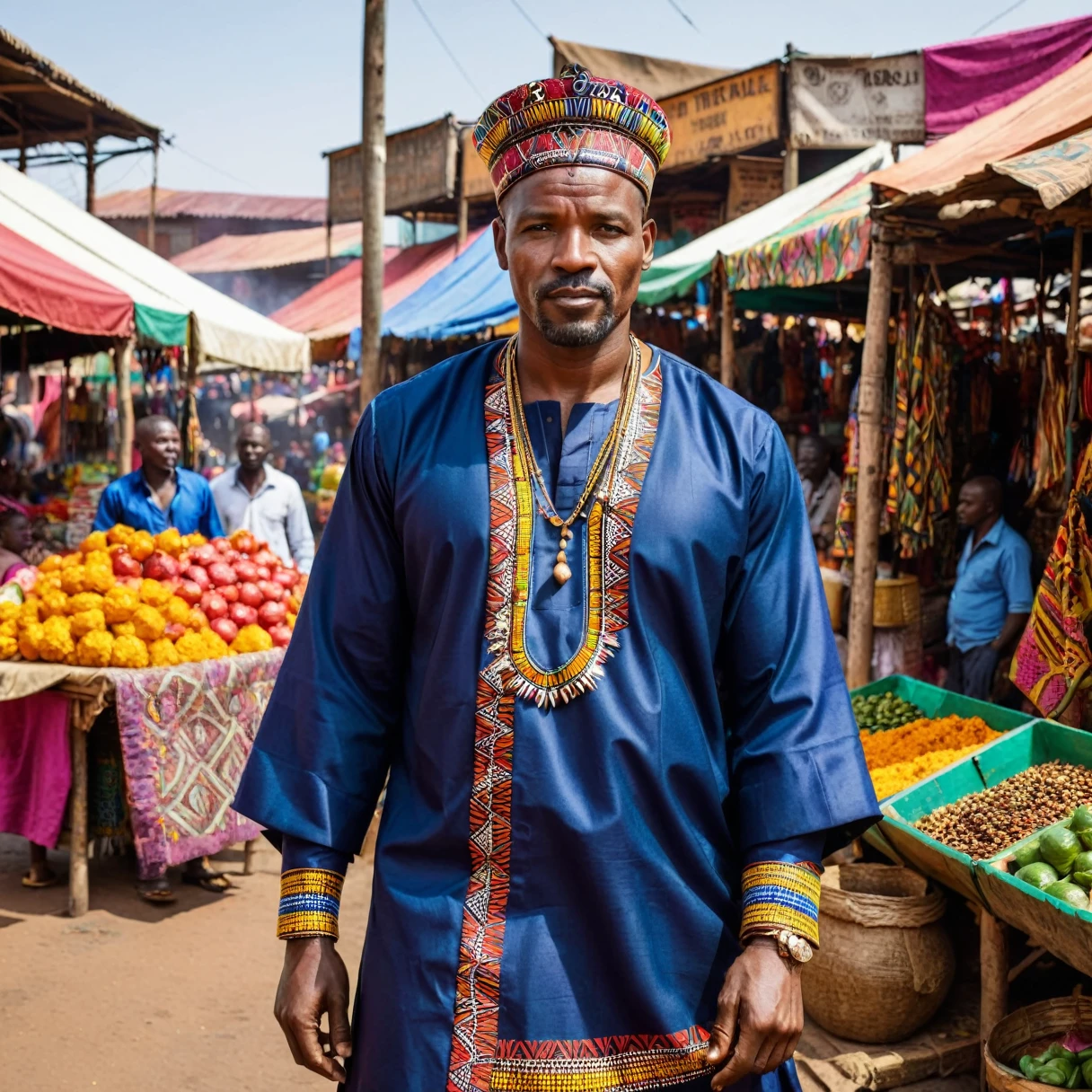 A man in his 40s, dressed in traditional African attire, standing proudly in front of a vibrant, colorful market with stalls selling various goods. His face is adorned with tribal markings, and the scene is bustling with activity.