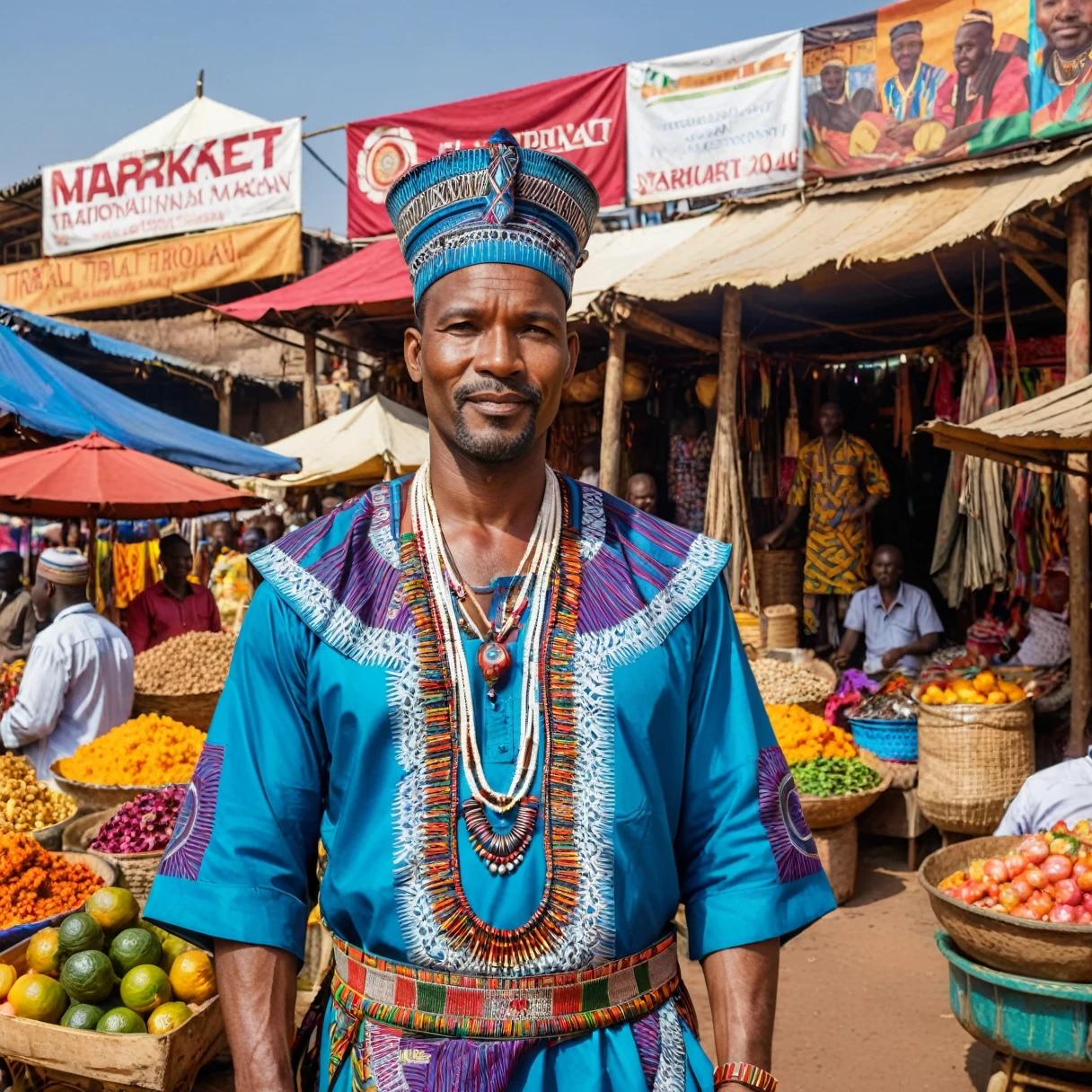 A man in his 40s, dressed in traditional African attire, standing proudly in front of a vibrant, colorful market with stalls selling various goods. His face is adorned with tribal markings, and the scene is bustling with activity.