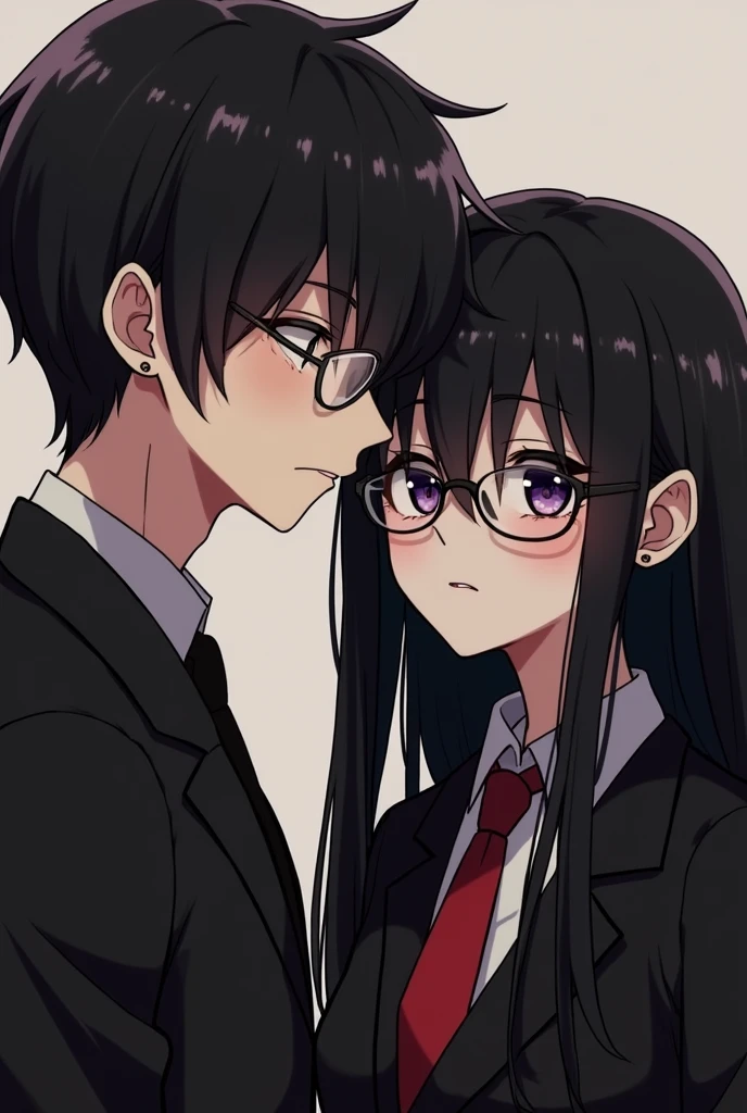 a couple, boy with round glasses, short black hair, and wearing earrings, girl with glasses, long black hair, tokyo ghoul style, anime
