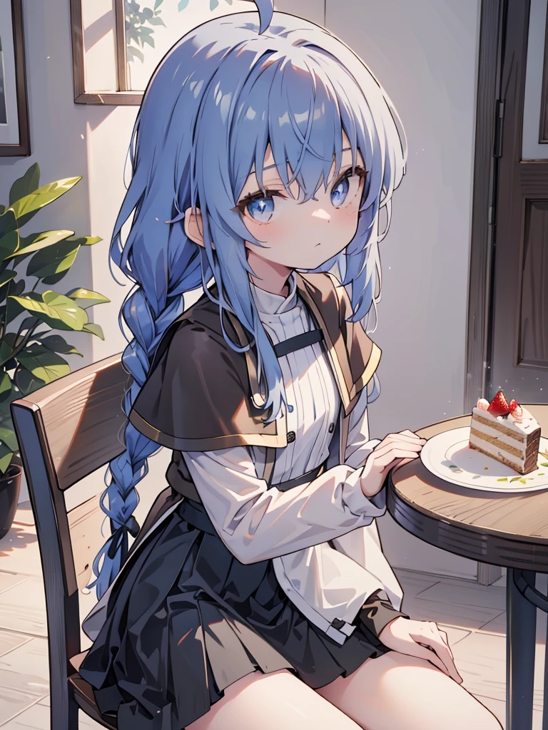 masterpiece, absurdres, perfect face, solo cute expression, perfect face, perfect eyes, roxy, ahoge, black ribbon, blue eyes, blue hair, braid, hair between eyes, hair ribbon, long hair, twin braids, very long hair,sitting, chair,table,cake in table, big cake on the table,anniversary, birthday gift, front view, looking at viewer, black legwear, black skirt, capelet, jacket, brown jacket, long sleeves, miniskirt, open clothes, open jacket, pleated skirt, skirt, white capelet, white jacket,