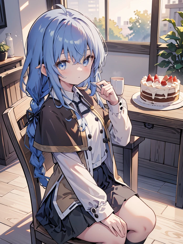 masterpiece, absurdres, perfect face, solo cute expression, perfect face, perfect eyes, roxy, ahoge, black ribbon, blue eyes, blue hair, braid, hair between eyes, hair ribbon, long hair, twin braids, very long hair,sitting, chair,table,cake in table, big cake on the table,anniversary, birthday gift, front view, looking at viewer, black legwear, black skirt, capelet, jacket, brown jacket, long sleeves, miniskirt, open clothes, open jacket, pleated skirt, skirt, white capelet, white jacket,