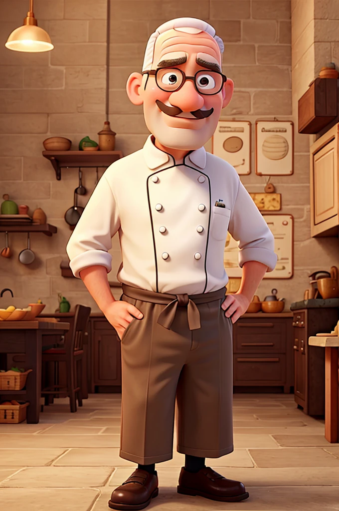 Animated 55-year-old chef with no hair and a mustache 