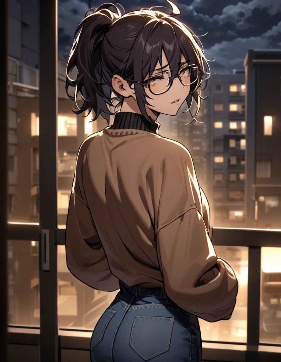 mature, golden eyes, looking at viewer, female, apartment background, messy hair, dark shoulder-length hair, ponytail, parted lips, hair between eyes, ahoge, emotionless, tired eyes, standing, from behind, jeans, turtleneck sweater, medical eye patch, comfy clothes, glasses, night, cloudy