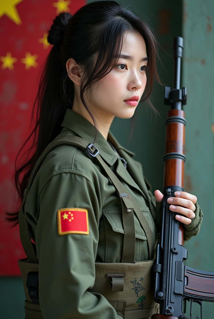 Asian woman in tank top holding gun, Beautiful Female Soldier, beautiful south korean woman, Military Girl, Silent from solid metal gear, Military Girl, With a rifle., Perfect military peace, ninb yizhuo, closeup portrait shot, Silence from solid metal gear V, Automotive Military Girl, Infantry Girl, korean girl, Korean women, with chinese flag