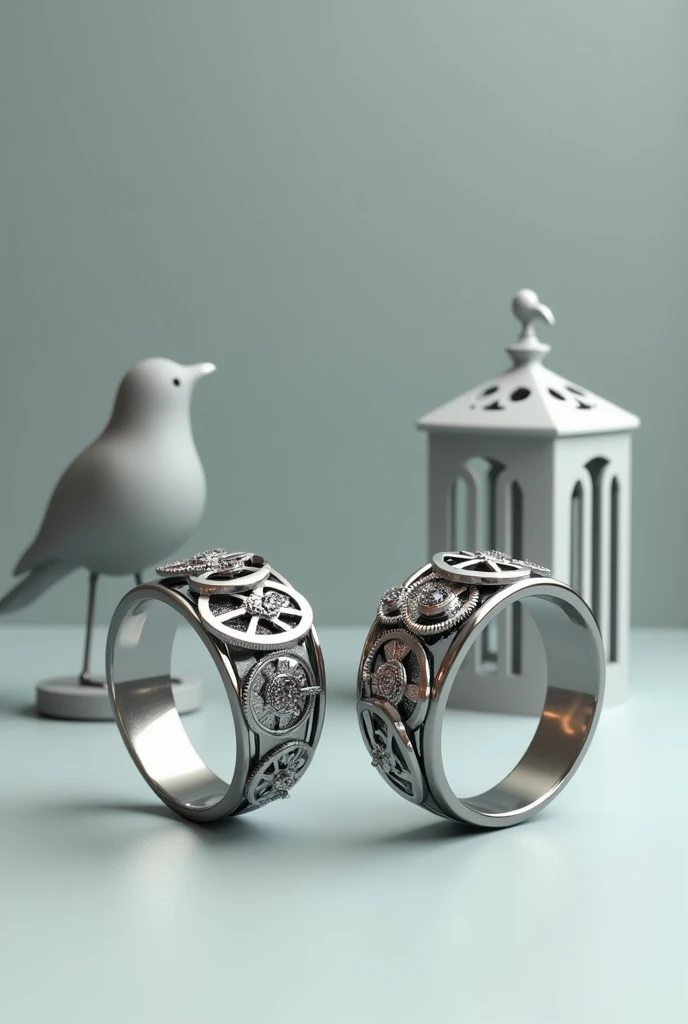 Two silver rings created with the best jewel, that have very small and delicate gears, as well as a gray flat bird and a gray flat cage.