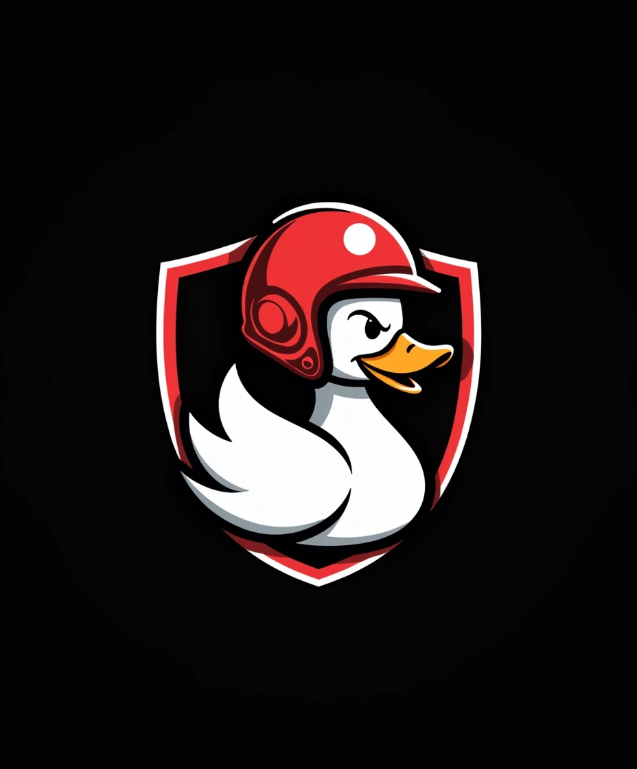 Logo of a white duck inside a shield with a red automotive helmet and anger on a black background with the writing: "Duck automotive aesthetics" down