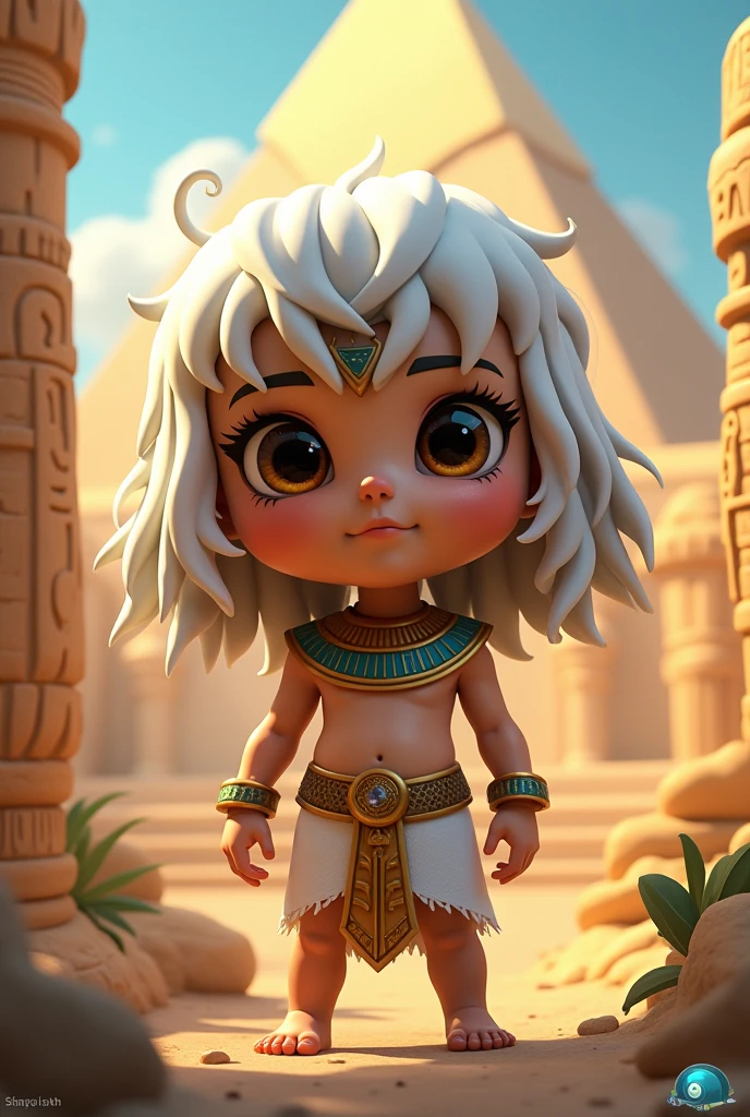 Egyptian cartoon white hair dark brown eyes