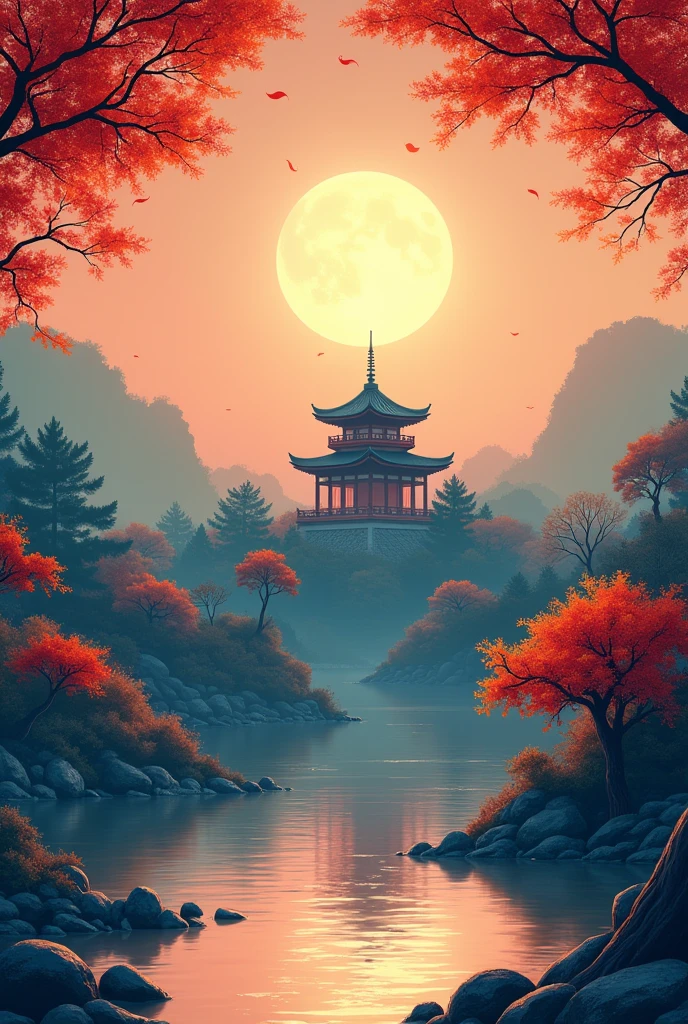 the poster for an autumn festival with a temple, moon in the sky, in the style of gauzy atmospheric landscapes, romantic illustration, precisionist art, illustration, traditional color scheme, high-contrast shading, tropical landscapes