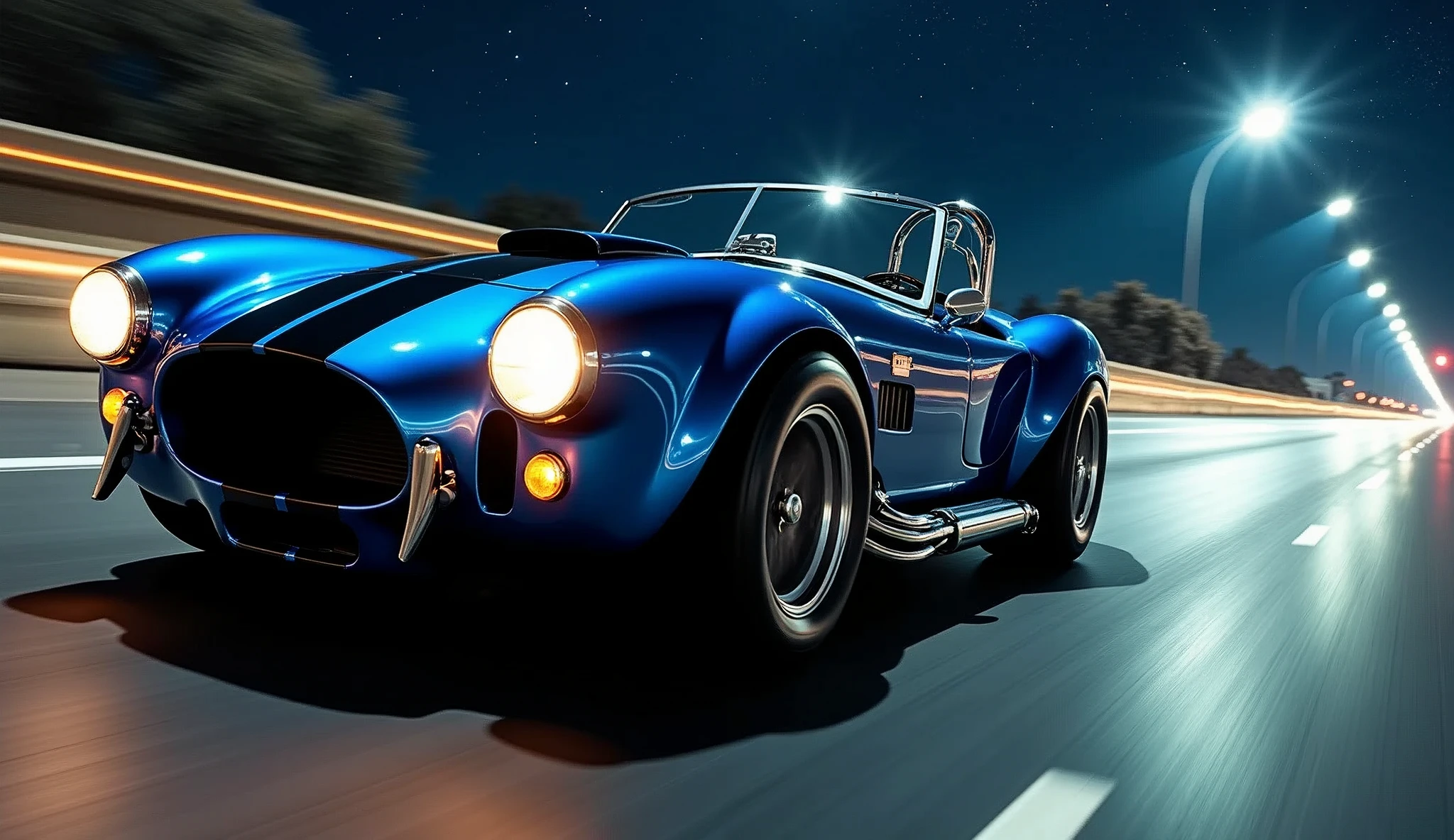 A cinematic wide-angle side view shot captures a gleaming 1966 glossy blue with black race strip down the center of the hard top Shelby Cobra 427 Super Snake headlight beams piercing the darkness as it speeds down the road at night, stars and moon bold in the dark of night, every detail - from the gleaming wheels to the sculpted fenders - a testament to masterful realism., Hyperrealism, high detail, cinematic lighting, motion blur, motion lines, speed lines, retina, masterpiece, accurate, anatomically correct, textured skin, super detail, high quality, award winning, highres, 4K, 8k, 16k