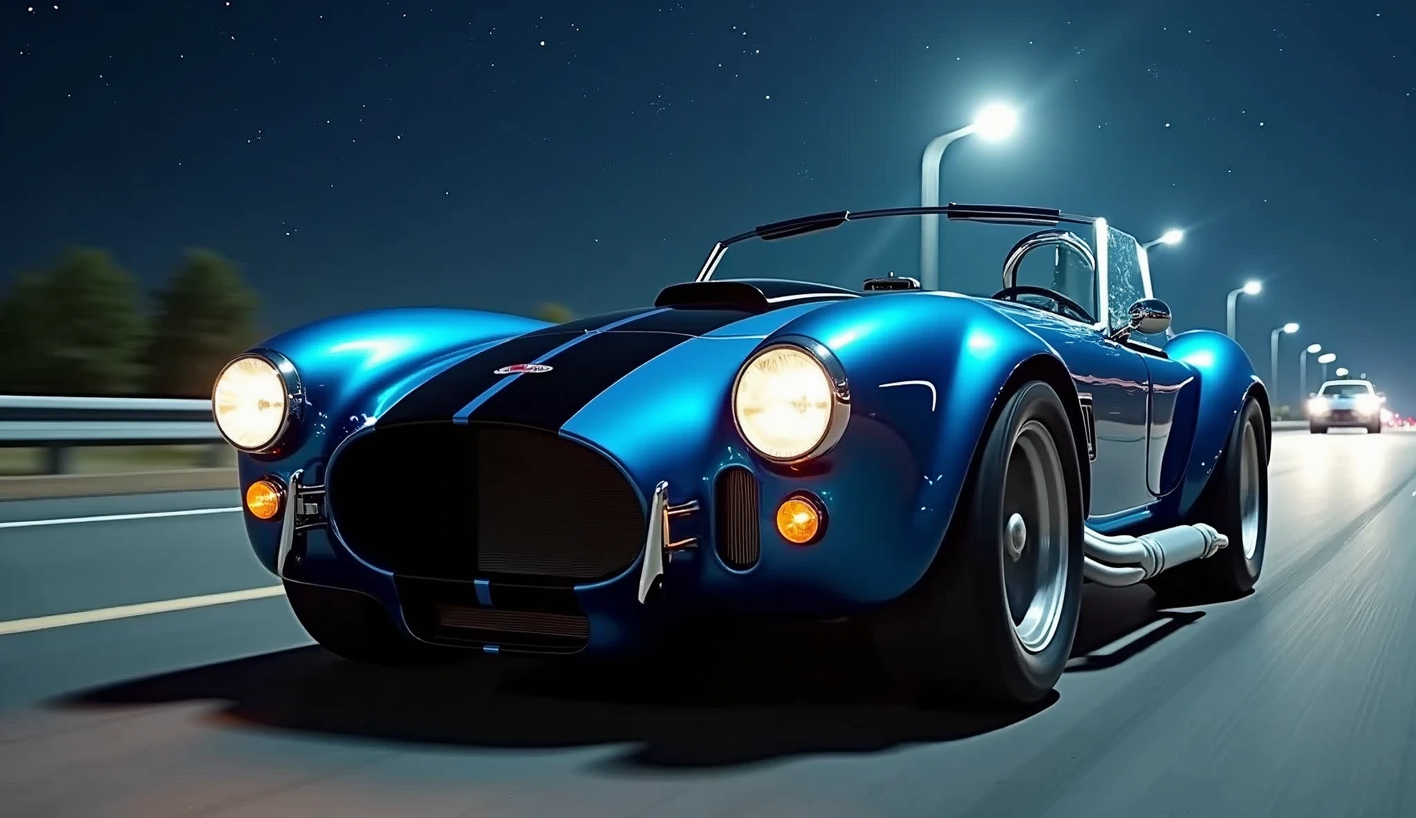 A cinematic wide-angle side view shot captures a gleaming 1966 glossy blue with black race strip down the center of the hard top Shelby Cobra 427 Super Snake headlight beams piercing the darkness as it speeds down the road at night, stars and moon bold in the dark of night, every detail - from the gleaming wheels to the sculpted fenders - a testament to masterful realism., Hyperrealism, high detail, cinematic lighting, motion blur, motion lines, speed lines, retina, masterpiece, accurate, anatomically correct, textured skin, super detail, high quality, award winning, highres, 4K, 8k, 16k