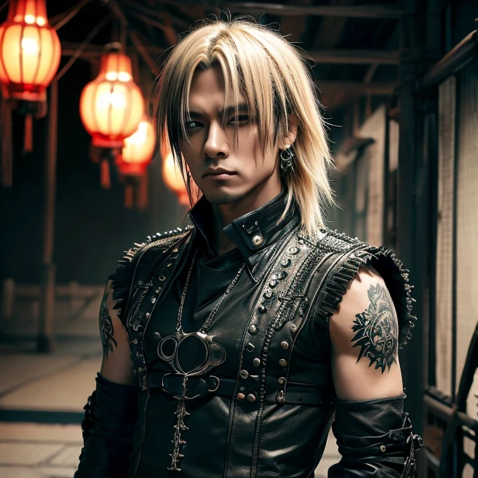 1 japanese male rocker, asien eyes, Visual Kai hairstyle, ultra detailed face and body, hyperrealistic, realistic representation, muscular, broad shoulders, tattoos gothic style, piercings, Visual Kei style, hairstyle Visual Kei, blond, 40 years old, age 40 outfit gothic streampunk, men's shirt and black pants, Asian eyes, eyes Asian, long hair, long hair