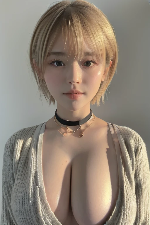 (Highest quality、4K、8k、High resolution、masterpiece:1.2)、Very detailed、(Genuine、Realistic、Realistic:1.3)、Japanese、high school girl、Big Breasts、blonde、Pixie Cut、Grey sweater、Black choker、Full body photo