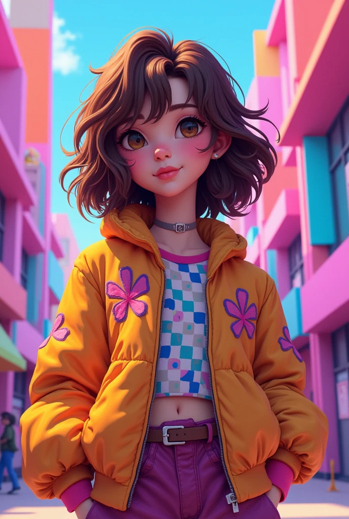 Make a person with brown hair and y2k style clothes like roblox