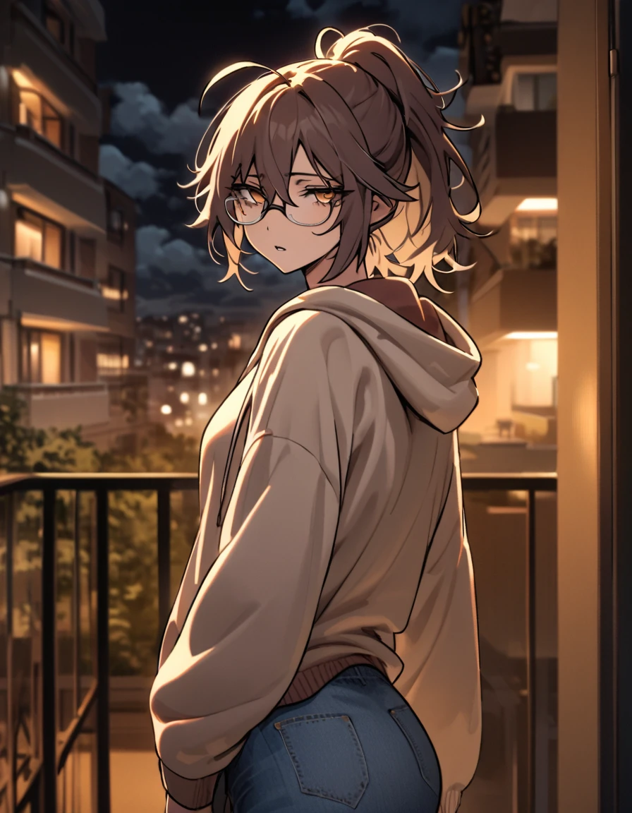 mature, golden eyes, looking at viewer, female, apartment background, messy hair, dark shoulder-length hair, ponytail, parted lips, hair between eyes, ahoge, emotionless, tired eyes, standing, from behind, jeans, hoodie, medical eye patch, comfy clothes, glasses, night, cloudy