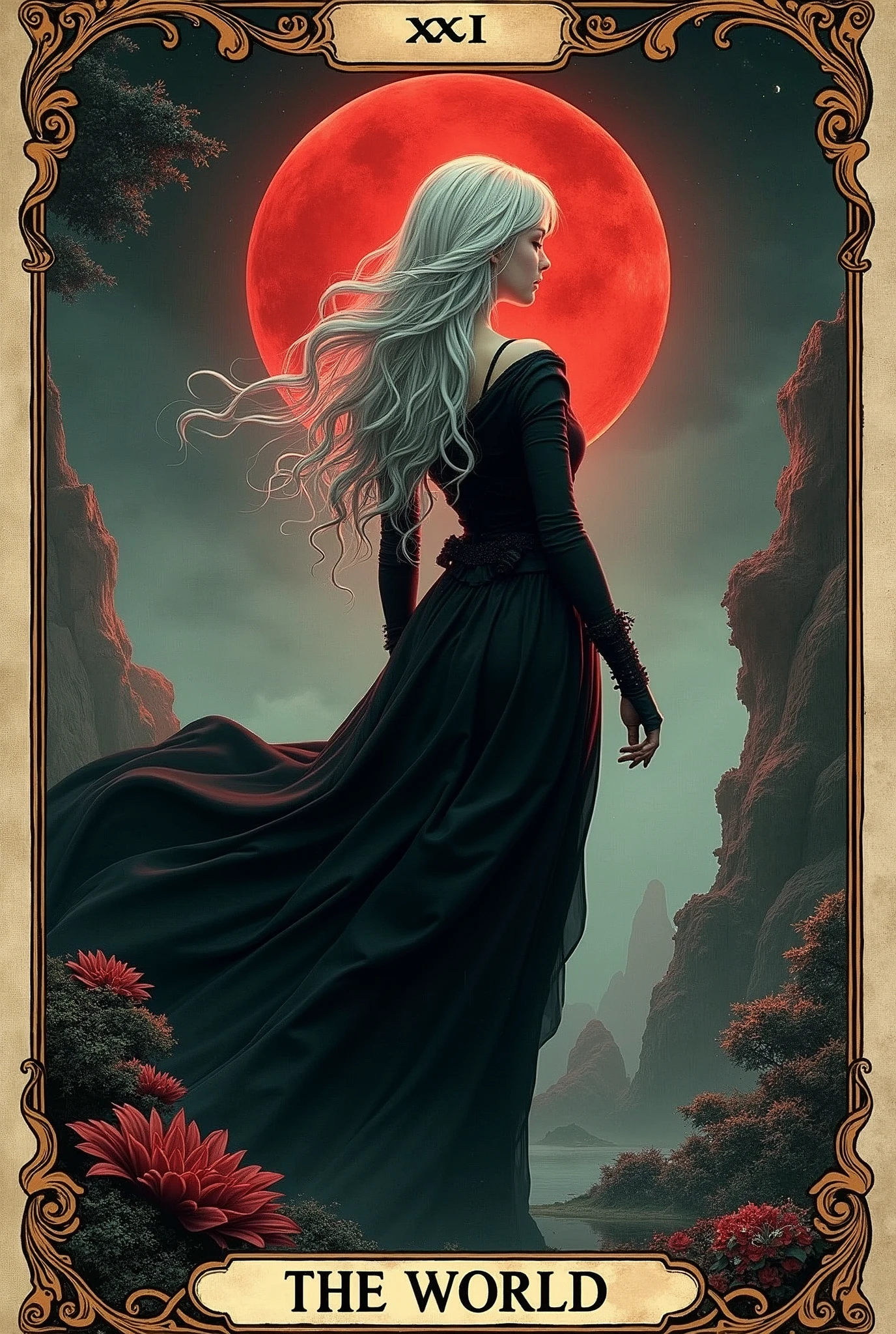 a card, intricate detailed tarot card illustration, tarot card, tarot card the word, card header with text "XXI", card footer with text "The World", text font style medieval, silver hair goddess in black Victoria dress, floating in the sky, (infinity symbol on the moon), blood moon, cinematic lighting, dramatic shadows, vivid colors, rich color palette, mystical landscape