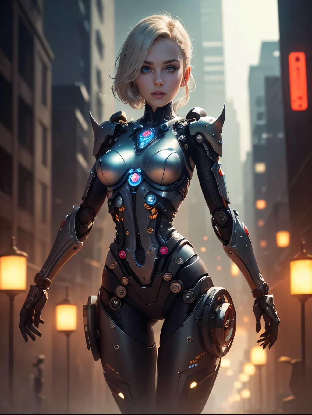 (((white cyber armor, head piece, robot, neon light, war zone))), (((mechanical parts, spine, android, cyborg, luxurious cyberpunk))), microchip, (((Night, street, Deep dark, dark room, dark theme:1.4, light source contrast))), spot light, ((light from right side)), (masterpiece),((ultra-detailed)), (highly detailed CG illustration),(expressionless), (best quality:1.2),(1girl:1.2),High quality texture, intricate details, detailed texture, High quality shadow, a realistic representation of the face, Detailed beautiful delicate face,Depth of field, perspective,20s, slender face, (big eyes:1.2),perfect body, lean body, (narrow waist:1.3), medium breast, medium hair, distinct_image, (pureerosface_v1:0.5) , (ulzzang-6500-v1.1:0.5), <lora:epi_noiseoffset2:1>, <lora:add_detail:0.8>, <lora:GoodHands-vanilla:1>, <lora:cyborg_style_xl:1>, <lora:girlfriendmixV1_v20:0.6>