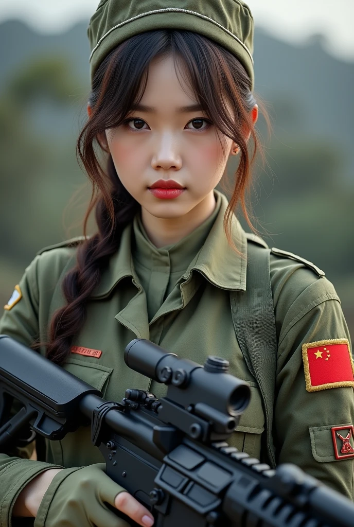 Asian woman in tank top holding gun, Beautiful Female Soldier, beautiful south korean woman, Military Girl, Silent from solid metal gear, Military Girl, With a rifle., Perfect military peace, ning yizhuo, closeup portrait shot, Silence from solid metal gear V, Automotive Military Girl, Infantry Girl, korean girl, Korean women, with chinese flag, front view