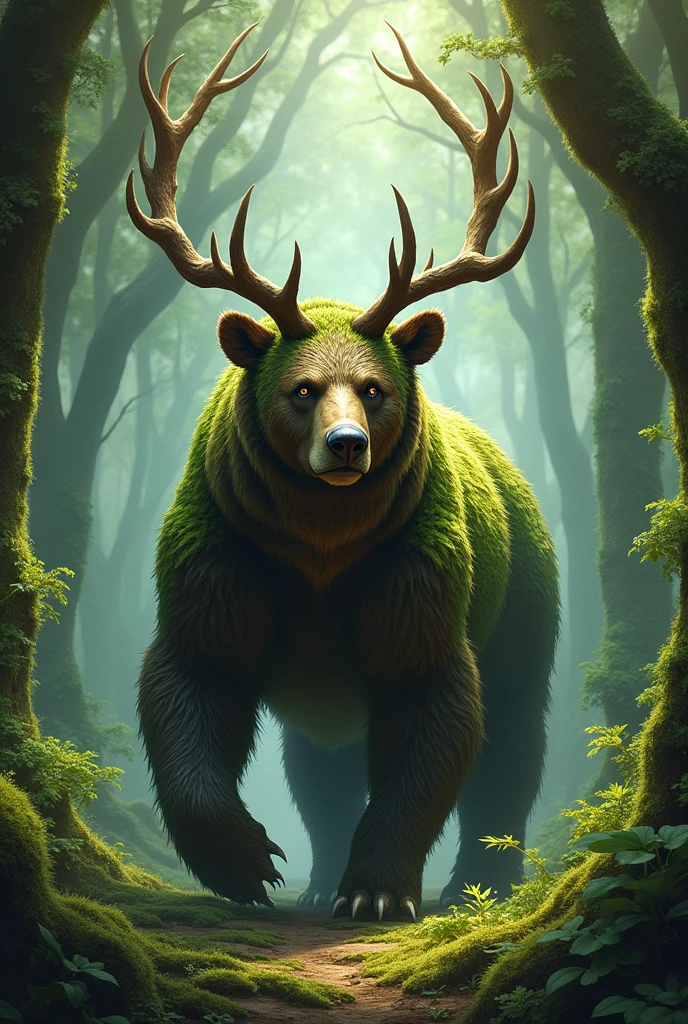Bear with deer antlers and mossy fur