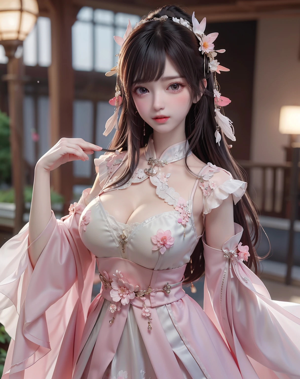 (8k, RAW photo:1.2), best quality, ultra high res,dramatic angle,(fluttered detailed color splashs), (illustration),(((1 girl))),(long hair),(rain:0.9), (Headdress:1.4),There is an ancient palace beside the girl,Hanfu,(Key Points),Color ink painting,(Splash of Color),Splash of Color,(((colorful))),(sketch:0.8) , Masterpiece, best quality, beautiful painted, highly detailed,(denoising:0.6),[splash ink],((ink refraction)), (beautiful detailed sky),moon,highly,detaild,(masterpiece, best quality, extremely detailed） CG Unity 8k Wallpaper，masterpiece，best quality，Ultra Detailed），（Lycoris）. hanfu open v open V-chested clothes Thin silk lace dress , (huge ，cleavage),, white pink and gren，best qualtiy，tmasterpiece，Ultra-high resolution，（Reality：1.4），RAW photogr，（True skin texture：1.3），（filmgrain：1.3），（Selfie angle），1个Giant Breast Girl，Beautiful eye and face details，tmasterpiece，Best quality at best，，The chest more exposed， detailed hair, brapurple , detail 8k, upper body, lace petticoat