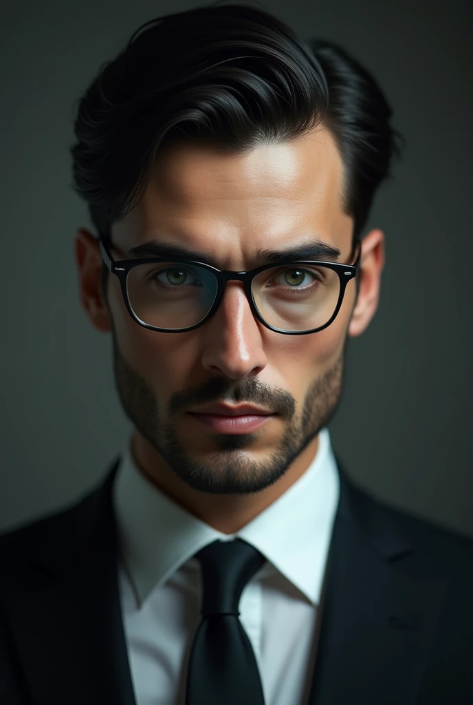 Handsome man with beautiful gray eyes, wearing glasses with formal black hair with mysterious and grey ura