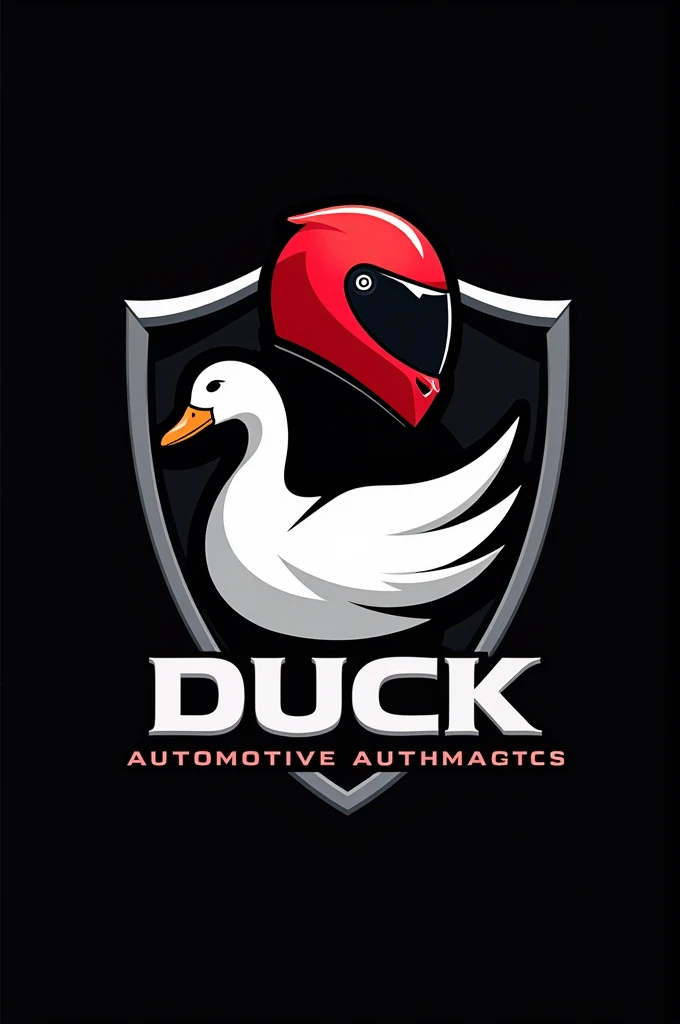 Logo of a white duck inside a shield with a red automotive helmet and anger on a black background with the writing: "Duck automotive aesthetics" down