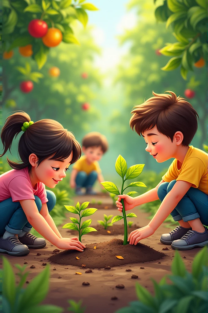 3D animation style -Children Helping the Tree**: Children watering the tree and adding fertilizer to the soil around its base. The scene shows the children working together, their faces showing determination and care.