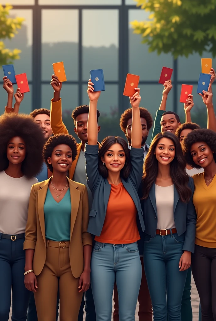 **Scène** :
- Un groupe diversifié de jeunes, comprenant à la fois des filles et des garçons de teint noir , se tient en cercle à l'extérieur.
- Chaque personne tient un passeport dans une main, avec le bras tendu vers le centre du cercle, de manière à ce que les passeports soient bien visibles.
- Les passeports sont de différentes couleurs, représentant divers pays, symbolisant l'unité et la diversité.
- Le groupe se tient dans une bureau derrière une kakémono avec "succès passerelle".
- L'ambiance est vibrante et positive, avec tout le monde souriant ou affichant un air déterminé.
- La lumière de la pièce illumine doucement la scène, ajoutant de la chaleur et mettant en valeur les passeports colorés.