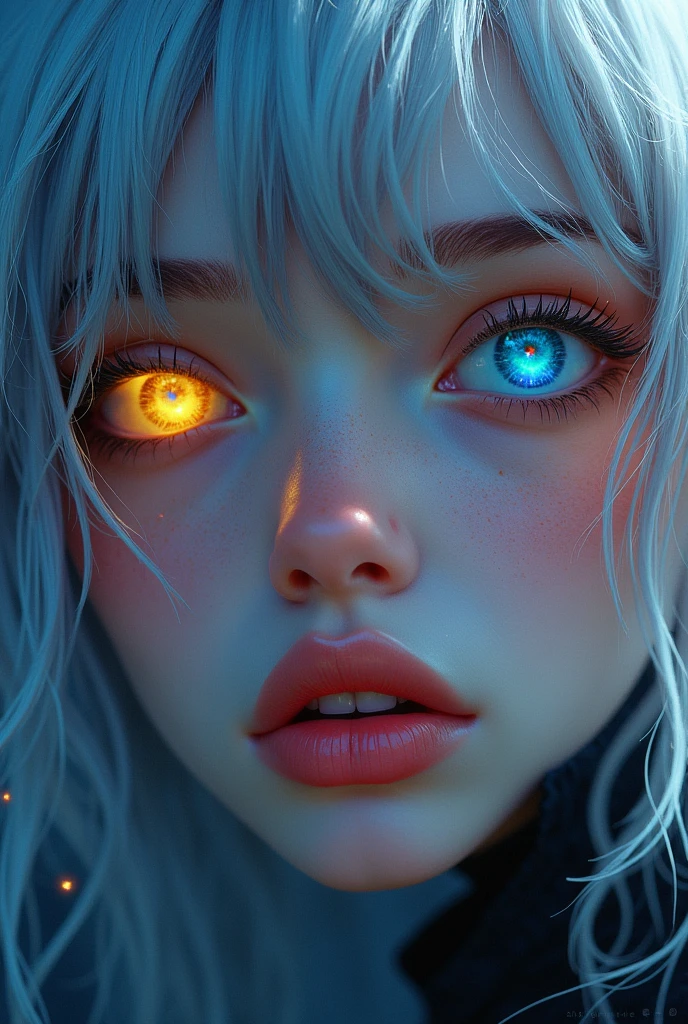 A closer look at a better masterpiece：1.5)0.9]、(Disheveled silver hair：1.1) (Heterochromia and Yellow and Blue Eyes：1.2) (Colored stars in the eyes：1.0) (Shining Light：1.1) (Thick lips：0.9)