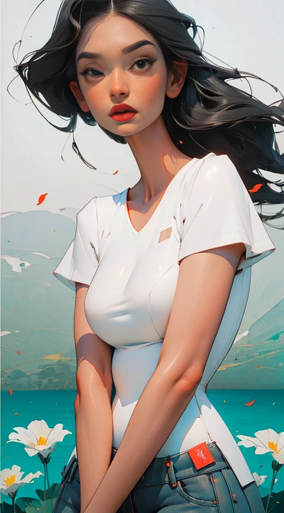 gorgeous woman , long black hair,::((best qualityer)), ((Masterpiece artwork)), (very detailled:1.3)(masterpiece:1.2, best qualityer), (finely detailed beautiful eyes: 1.2), (masterpiece:1.2, best qualityer), (finely detailed beautiful eyes: 1.2), (masterpiece:1.2, best quality), (finely detailed beautiful eyes: 1.2), ((1girl kelly brook very beautiful woman big breast )), ((独奏)), (Eyes red:1.4), (finely detailed eyes and detailed face:1.3),), (with jeans and a white t-shirt or dress:1.3), (beautiful and clear background:1.2), (extremely detailed CG, ultra detali, best shade:1.1), ((Depth of field)), ((water colour)), breasts big, bared shoulders, flowers and petals, beautiful concept illustration , (white background:0.5), (illustation :1.1), (extremely fine and beautiful:1.1), (detalhes perfeitos: 1.1), Masterpiece artwork, high qualiy, highres, detail enhancement, 8k, HD, Masterpiece artwork, best qualityer, high qualiy, highres, detail enhancement, ::style joe madureira comic stiyle ::2.9 (masterpiece:1.2, best quality), (finely detailed beautiful eyes: 1.2), ((1girl ashley alexiss beautiful woman big breast )), ((独奏)), (Eyes red:1.4), (finely detailed eyes and detailed face:1.3),), (with jeans and a white t-shirt or dress:1.3), (beautiful and clear background:1.2), (extremely detailed CG, ultra detali, best shade:1.1), ((Depth of field)), ((water colour)), , bared shoulders, flowers and petals, beautiful concept illustration , (white background:0.5), (illustation :1.1), (extremely fine and beautiful:1.1), (detalhes perfeitos: 1.1), Masterpiece artwork, high qualiy, highres, detail enhancement, 8k, HD, Masterpiece artwork, best qualityer, high qualiy, highres, detail enhancement