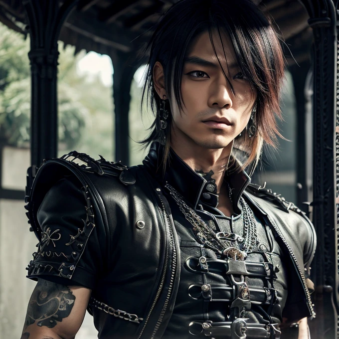 1 japanese male rocker, asien eyes, Visual Kai hairstyle, ultra detailed face and body, hyperrealistic, realistic representation, muscular, broad shoulders, tattoos gothic style, piercings, Visual Kei style, hairstyle Visual Kei, blond, 40 years old, age 40 outfit gothic streampunk, men's shirt and black pants, Asian eyes, eyes Asian, long hair, long hair