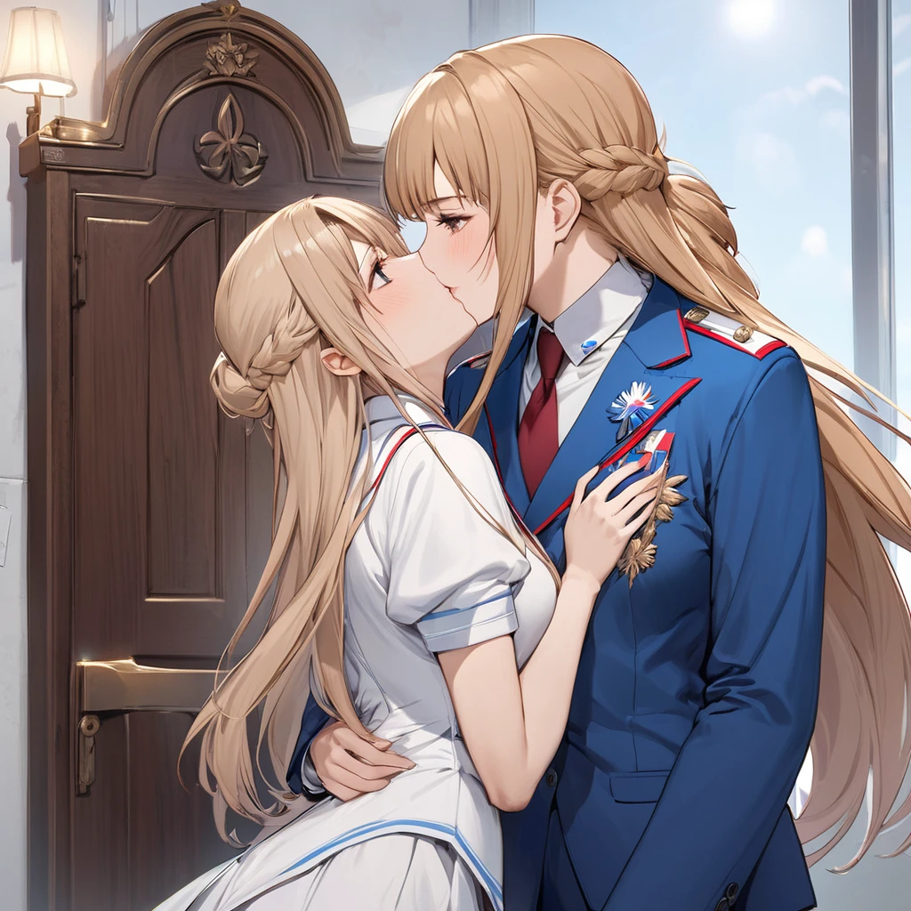 ((Highest quality)), ((masterpiece)), (detailed), (Perfect Face)、The woman is Yuuki Asuna, a Russian with light brown, semi-long hair.、The woman is a member of the United Russia party and is beautifully dressed in a suit and lavish accessories.、She is a United Russia member who is dedicated to the cause of a great United Russia, and she deeply respects and worships the leader of the Great Russian Party, a United Russia supremacist.、As the secretary and mistress of a great United Russia official, the woman is wholeheartedly devoting her body and soul to serving, embracing, supporting and following the great and beloved official.