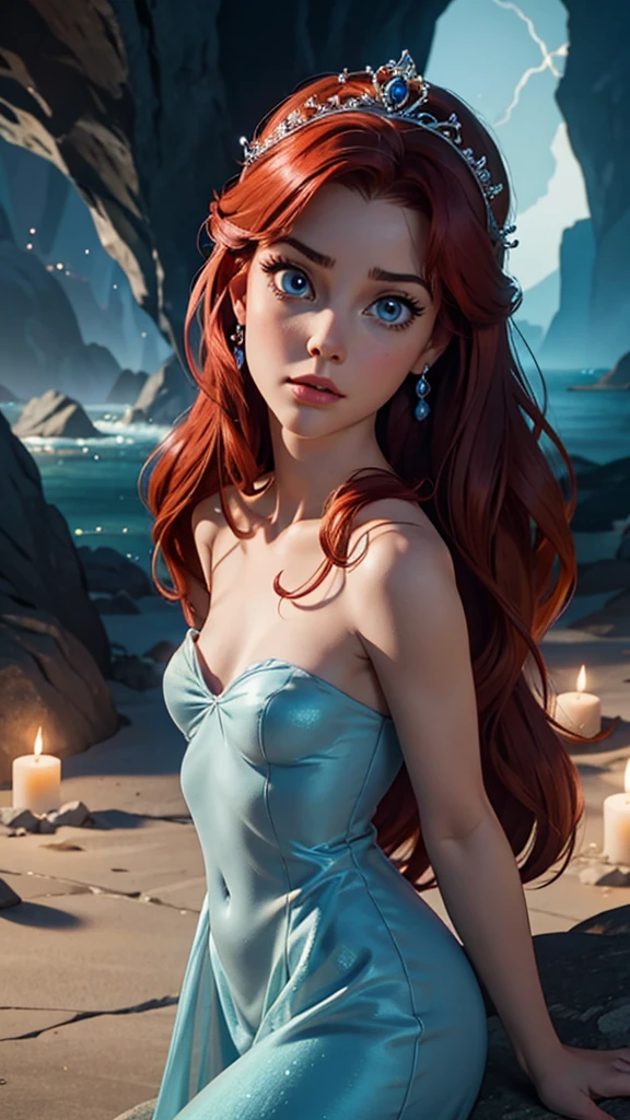 Princess Ariel, The little mermaid, (Disney), elegant young woman, beautiful detailed blue eyes, beautiful detailed lips, detailed foots, extremely detailed eyes and face, long eyelashes, small and beautiful breasts, toned abdomen, small and beautiful buttocks, princess tiara, princess crown, princess dress, sexy pink princess dress, lying in the sand in a dark and eerie caverns, torn and revealing clothing, half naked, concerned expression, dramatic caverns background, nighttime, haunting cavern, many rocks, sea animals, darkness, dramatic background, sensual look, classic hairstyle, dyed bright red hair, high resolution, 4K, 8K, masterpiece, ultra-detailed, realistic, photorealistic, photo-realistic, ultra-realistic, high definition