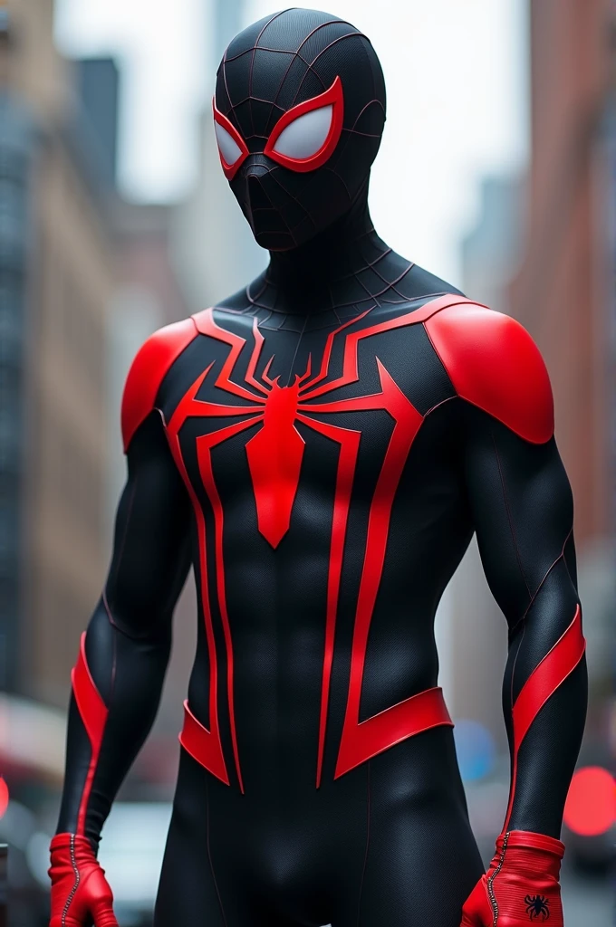 A Spider-Man uniform, predominantly black, with red details on the gloves, booties, and a large spider symbol on the chest. The uniform lines are modern and dynamic, suggesting speed and agility. The mask covers the entire face, with big red eyes that stand out.