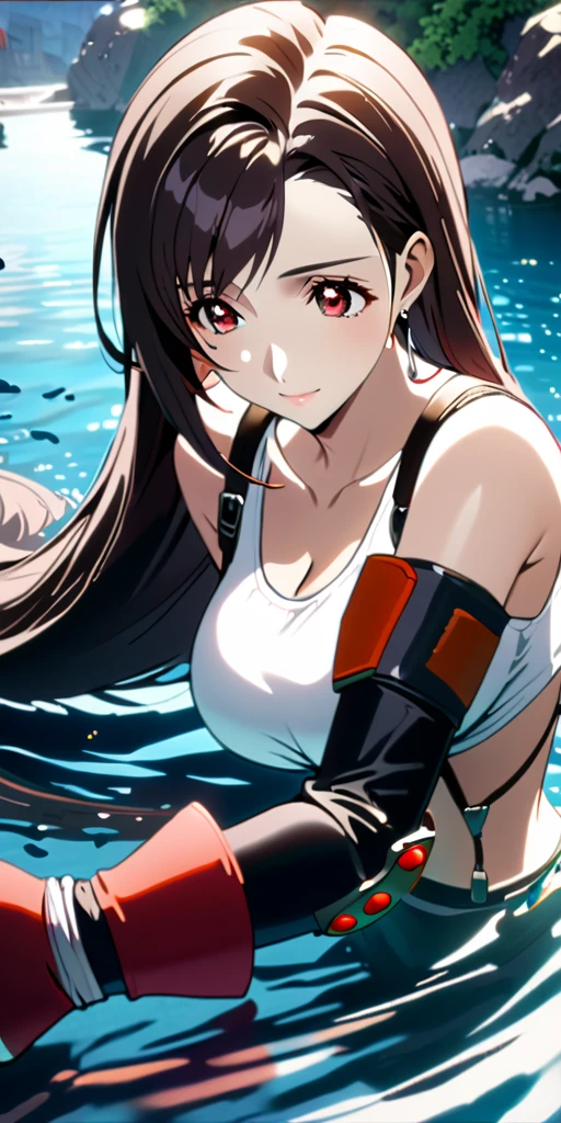 (((((tifa lockhart,Final Fantasy 7:1.5))))),((Highest quality、masterpiece、anime style、best quality、high resolution、8k、detailed、ultra-detailed:1.3))、Long legs:1.2, Beautiful woman with perfect figure:1.4、(Smiling:1.2), double eyelid、30-year-old female、((((One Woman,beautiful face,Beautiful face、Outdoor,upper body:1.5)))),Big Breasts、High resolution, accurate, Anatomically correct, High-resolution model, high quality, Very detailed, Ultra high definition、Black Hair、Straight Hair、Long Hair,Red open finger gloves,(Uplifting、action、contrapposto pose、dynamic、dynamicポーズ、dynamic motion:1.5)、(((((speed lines、action lines,movement,dynamism:1.0)))))、(water)
,effect