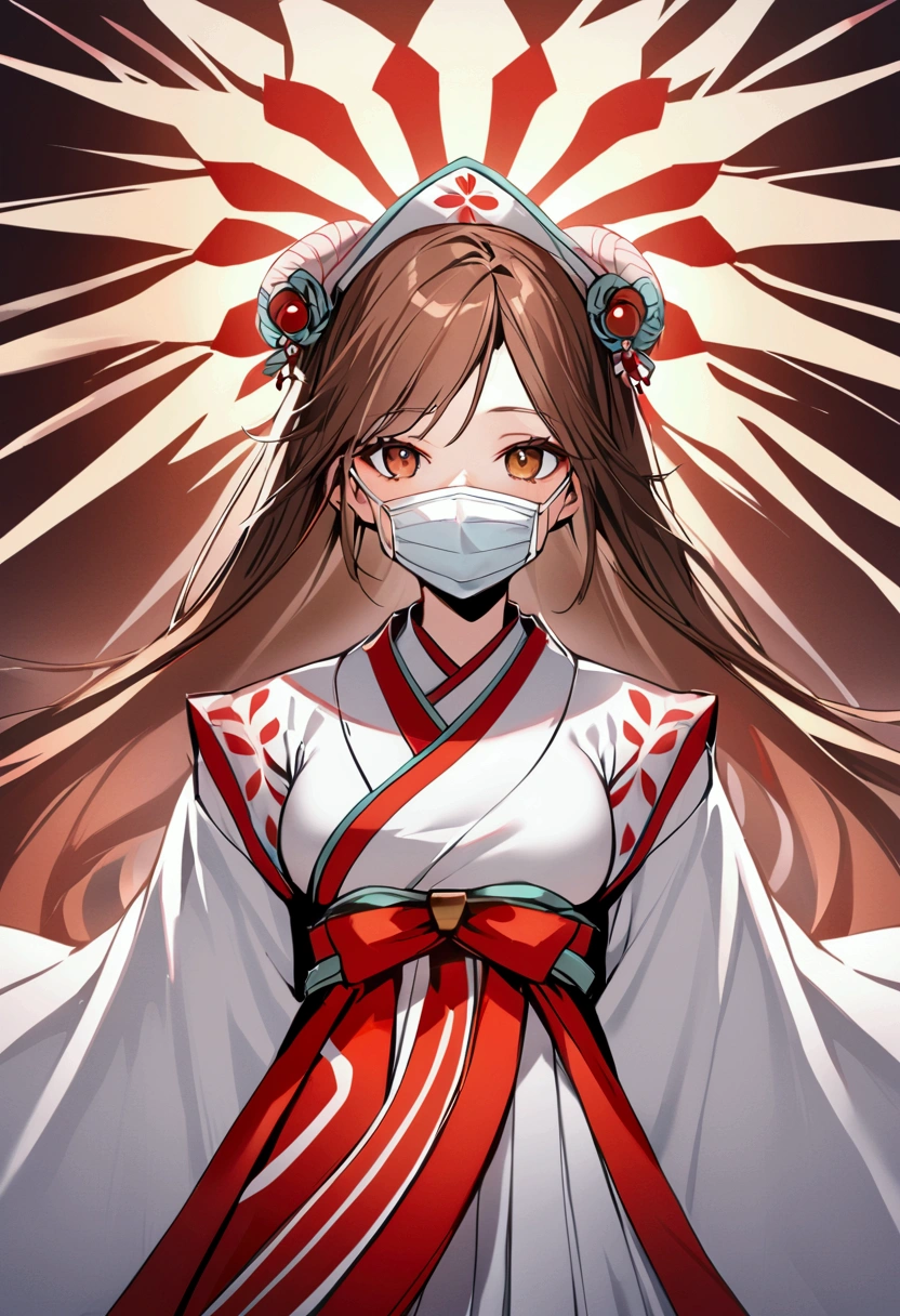 Traditional japanese room background, bloody, shrine maiden outfit, medical gloves, surgical mask, 1girl, brown hair, shining hair, 