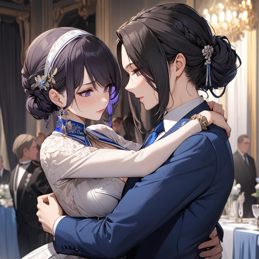 ((Highest quality)), ((masterpiece)), (detailed), (Perfect Face)、The woman is Shinobu Kocho, a Russian with black hair in a purple gradient bob style, tied up in a formal evening hairstyle.、The woman is a member of the United Russia party and is beautifully dressed in a suit and lavish accessories.、She is a United Russia member who is dedicated to the cause of a great United Russia, and she deeply respects and worships the leader of the Great Russian Party, a United Russia supremacist.、As the secretary and mistress of a great United Russia official, the woman is wholeheartedly devoting her body and soul to serving, embracing, supporting and following the great and beloved official.