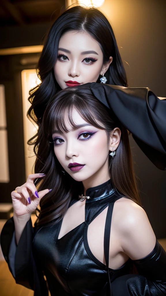 best quality、ultra-detailed、8k、Japanese、Japanese、Seductive beauty、seductive adult woman、Pretty Woman、cool girl、smirk、Wicked Smile、Villainess、brainwash makeup、Brainwashed、brainwash、Fallen into evil、Evil look、evil、Brown hair、wavy hair、swept bangs、dark makeup、piercing eyes、hollow eyes,half-closed eyes、Hollow Eyes、purple Eyeshadow、black lipstick、black lipglos、Purple Eyeshadow、black lipstick、black lip gloss、Dark Makeup、smirk、Whisper in my ear、Evil look、long black cheongsam、Wide sleeves、night、inside darkroom、Kiss、I have lipstick、Are standing、Look、Offer、shoot from below、Connected by many cords