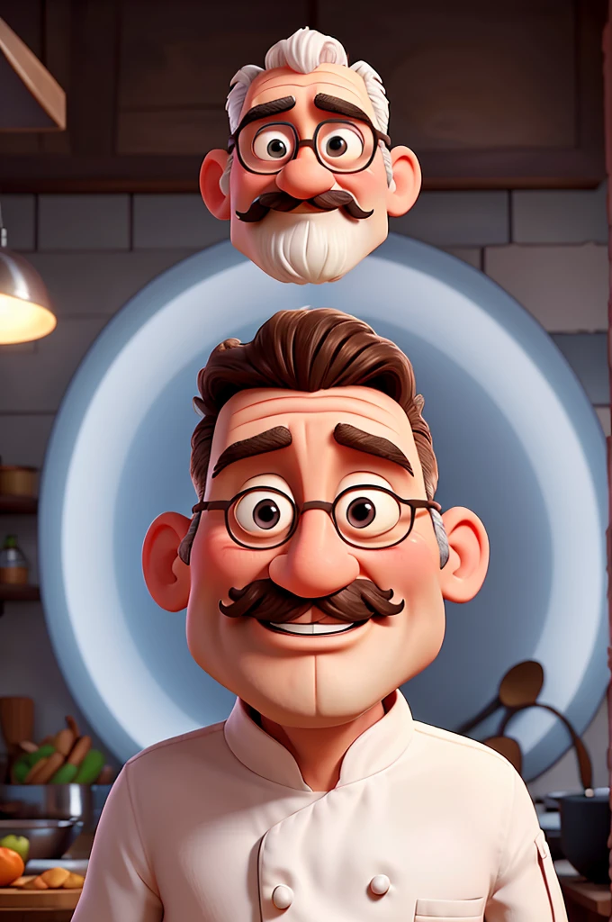 55 year old animated chef circular face, hairless and with a mustache
