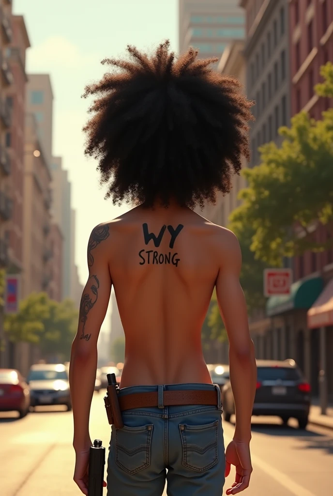 A film inspired by Disney Pixar (YOUNG WHITE BOY WITH LONG BLACK CURLY HAIR) He is walking on the city streets, with a gun on his waist, no shirt on the body, with a tattoo on his body with the name WY STRONG SIL, pixar, cool and stylish