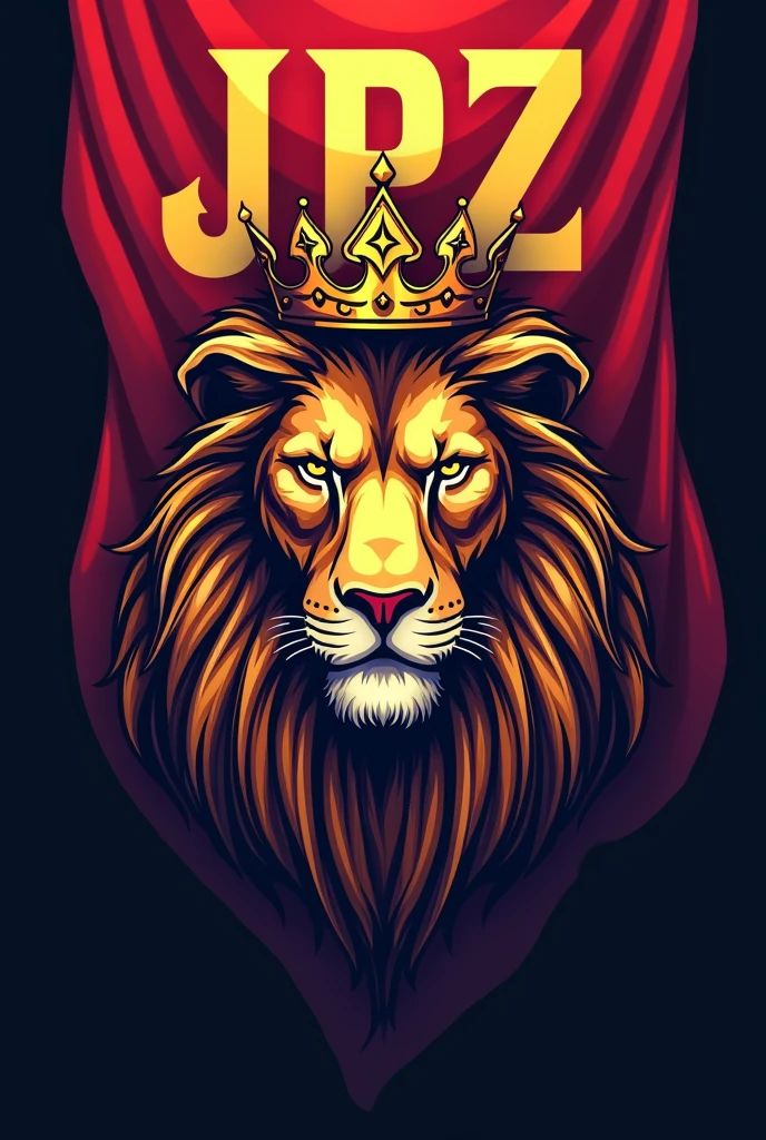 Design a logo featuring a majestic lion's head adorned with a regal crown. The lion should exude strength and nobility. In the background, incorporate a flag that prominently displays the initials "JPZ." The overall color scheme should convey a sense of grandeur and authority, with rich, contrasting hues to make the design stand out. The flag should complement the lion, with the initials "JPZ" in a bold, elegant font that aligns with the lion's royal aesthetic.