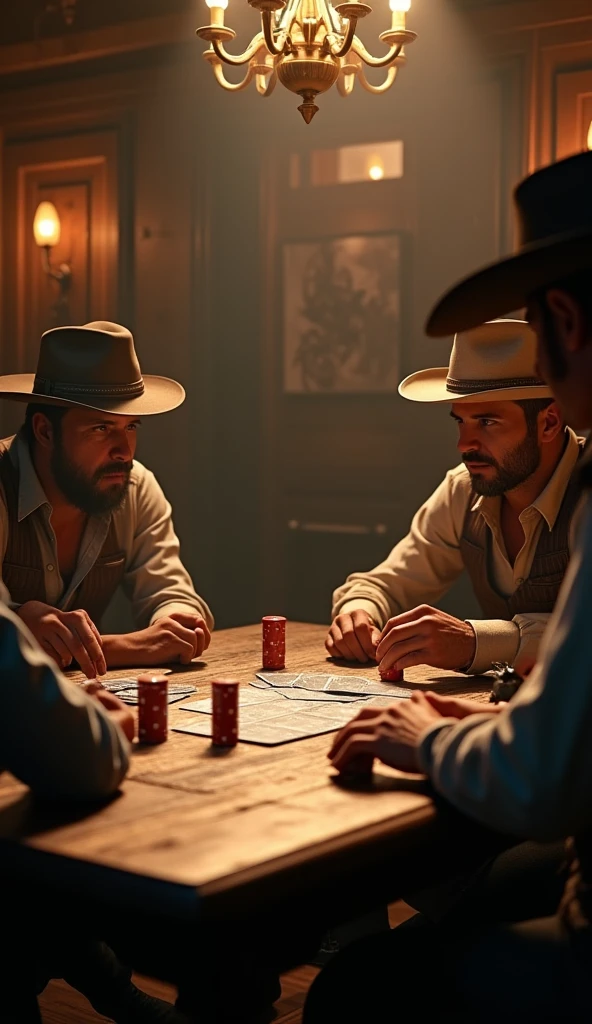 a realistic 4 cowboys playing poker at a wooden saloon table in the wild west, extremely detailed, cinematic lighting, dramatic shadows, highly detailed faces and expressions, intricate textures, warm color tones, masterpiece, photorealistic, 8k, hyper detailed