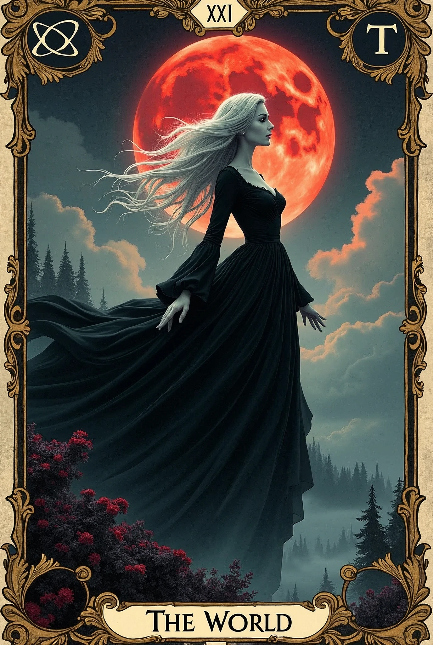 a card, intricate detailed tarot card illustration, tarot card, tarot card the word, card header with text "XXI", card footer with text "The World", text font style medieval, silver hair goddess in black Victoria dress, floating in the sky, (infinity symbol on the moon), blood moon, red light, soft focus, cinematic lighting, dramatic shadows, vivid colors, rich color palette, mystical landscape, gothic style card